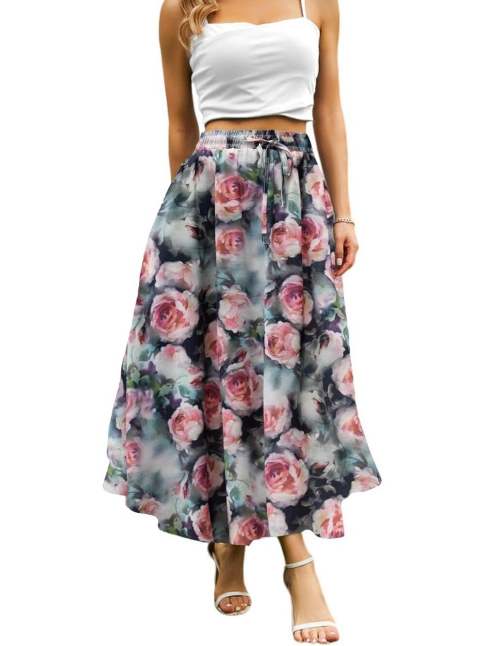 Women's Pink Floral Boho High Waisted Flowy Elastic Waist Pocket Midi Skirt